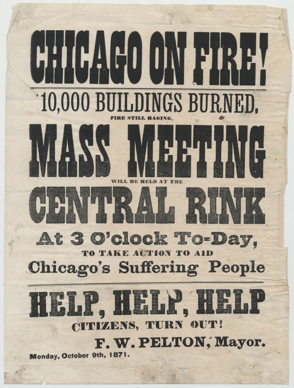 Broadside reklamní shromáždění v Clevelandu, Ohio, na pomoc obětem požáru v Chicagu v roce 1871, 1871 od American School