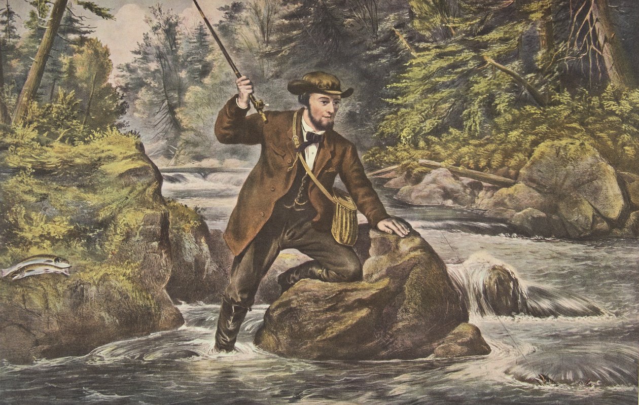 Lov pstruhů potočních, hospoda. 1862, Currier & Ives od American School