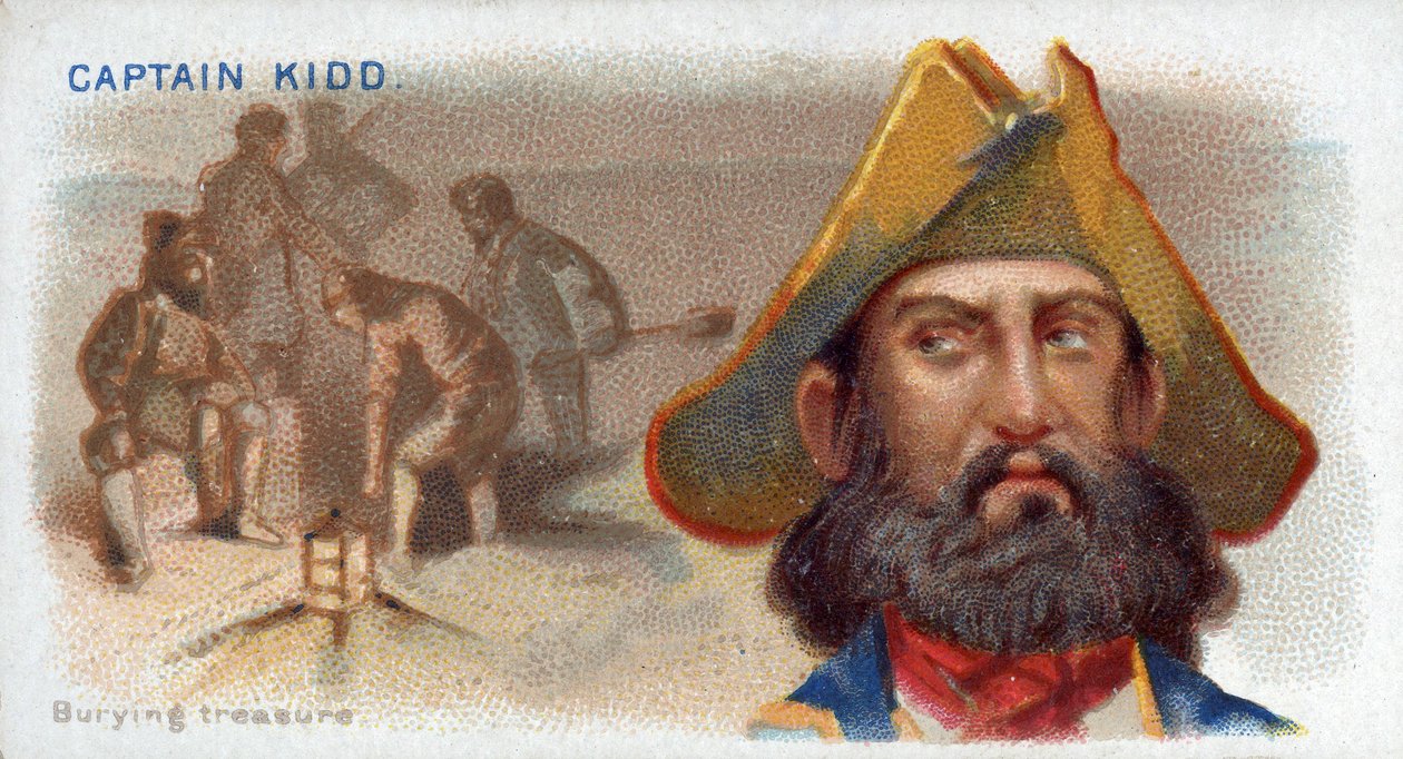 Cigarette Card Captain Kidd, Burying Treasure, z hlavní série Piráti Španělska (N19), hospoda. 1888 od American School