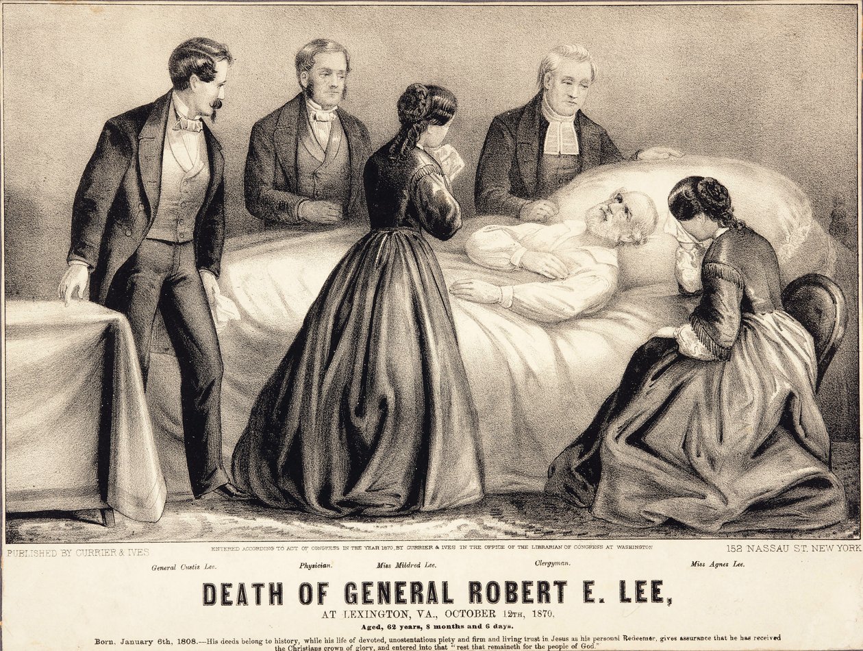 Smrt generála Roberta E. Lee v Lexingtonu ve Virginii, 12. října 1870, ve věku 62 let, 8 měsíců a 6 dní, pub. 1870 od American School