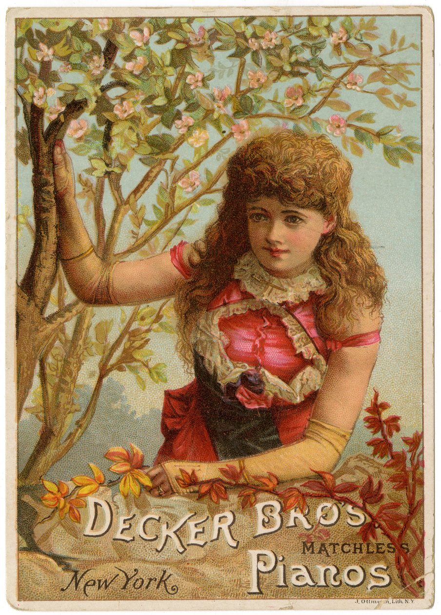 Decker Bros. Matchless Pianos, New York [vizitka recto] (barevné lito [vizitka]) od American School