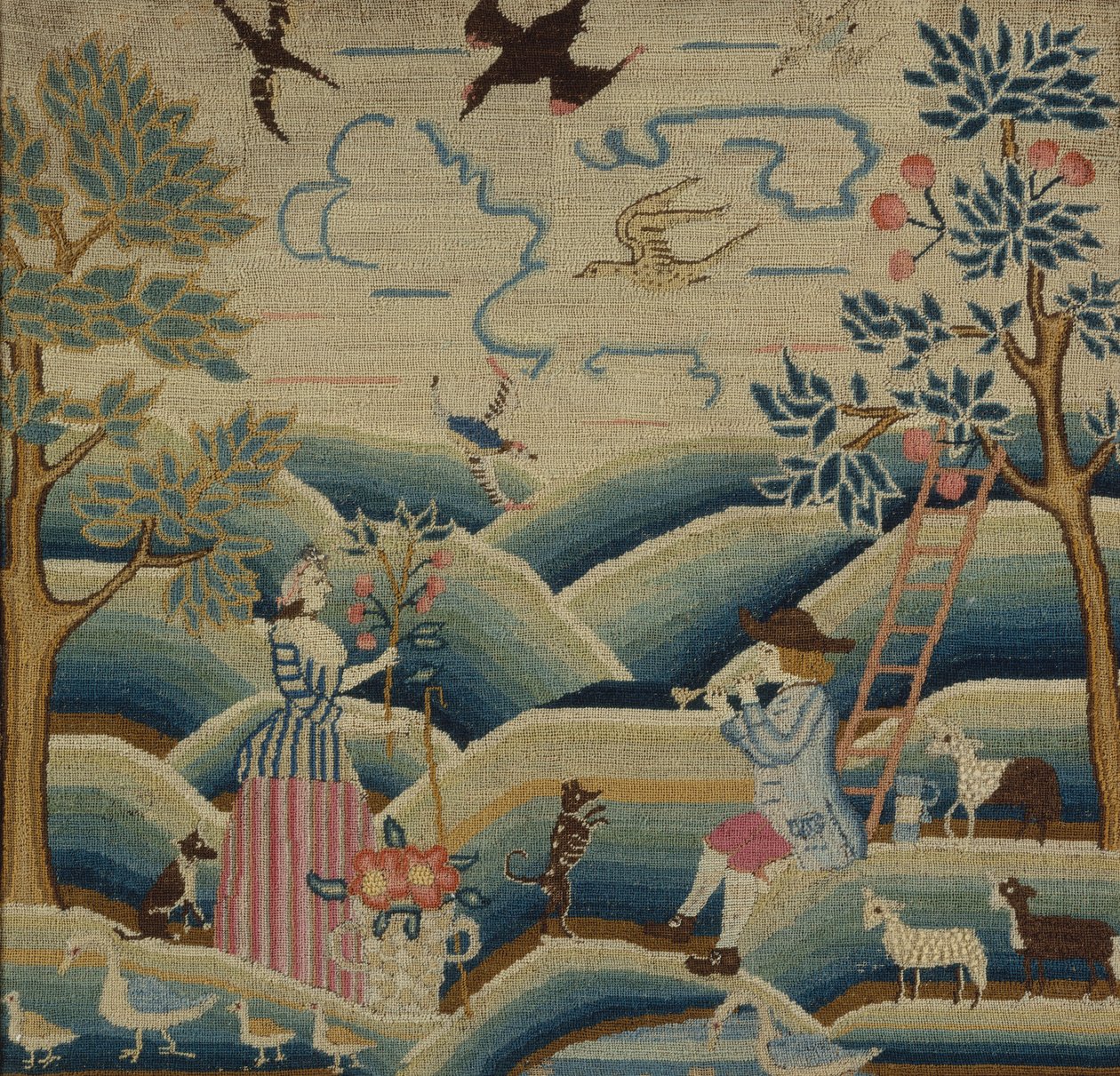 Vyšívaný obraz, cca 1740 (len, vlna a hedvábí) od American School