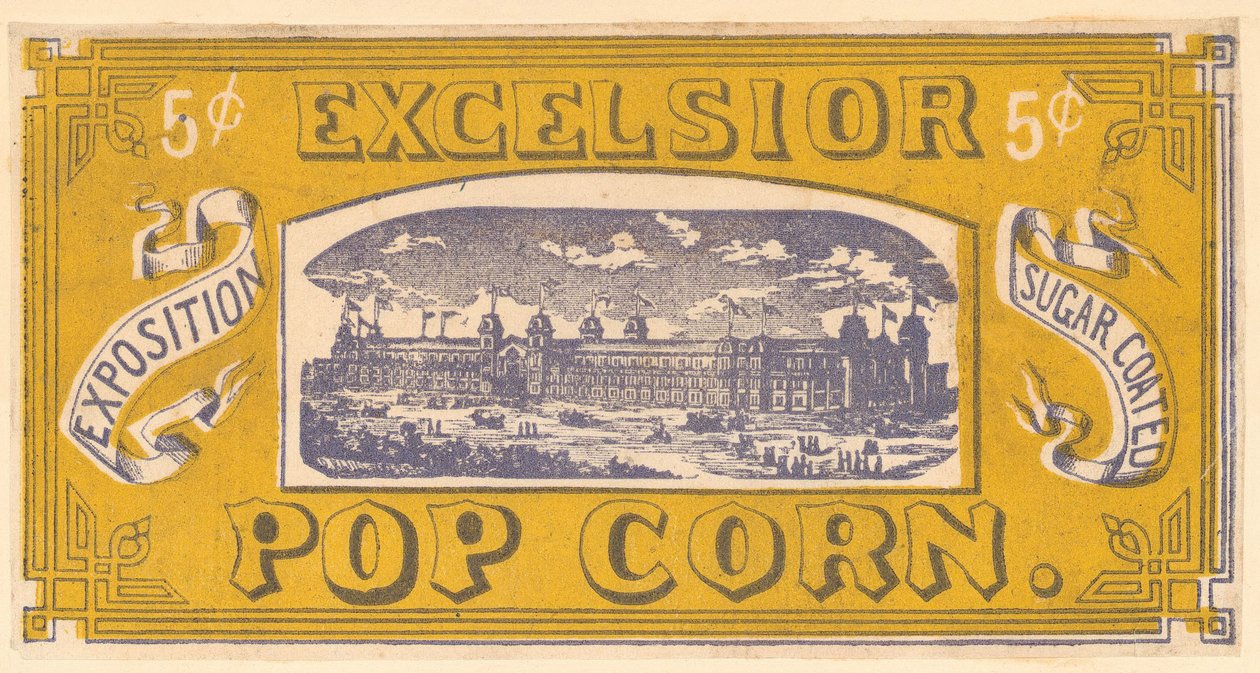 Excelsior Popcorn tradecard, Centennial Exhibition, Philadelphia, 1876 od American School