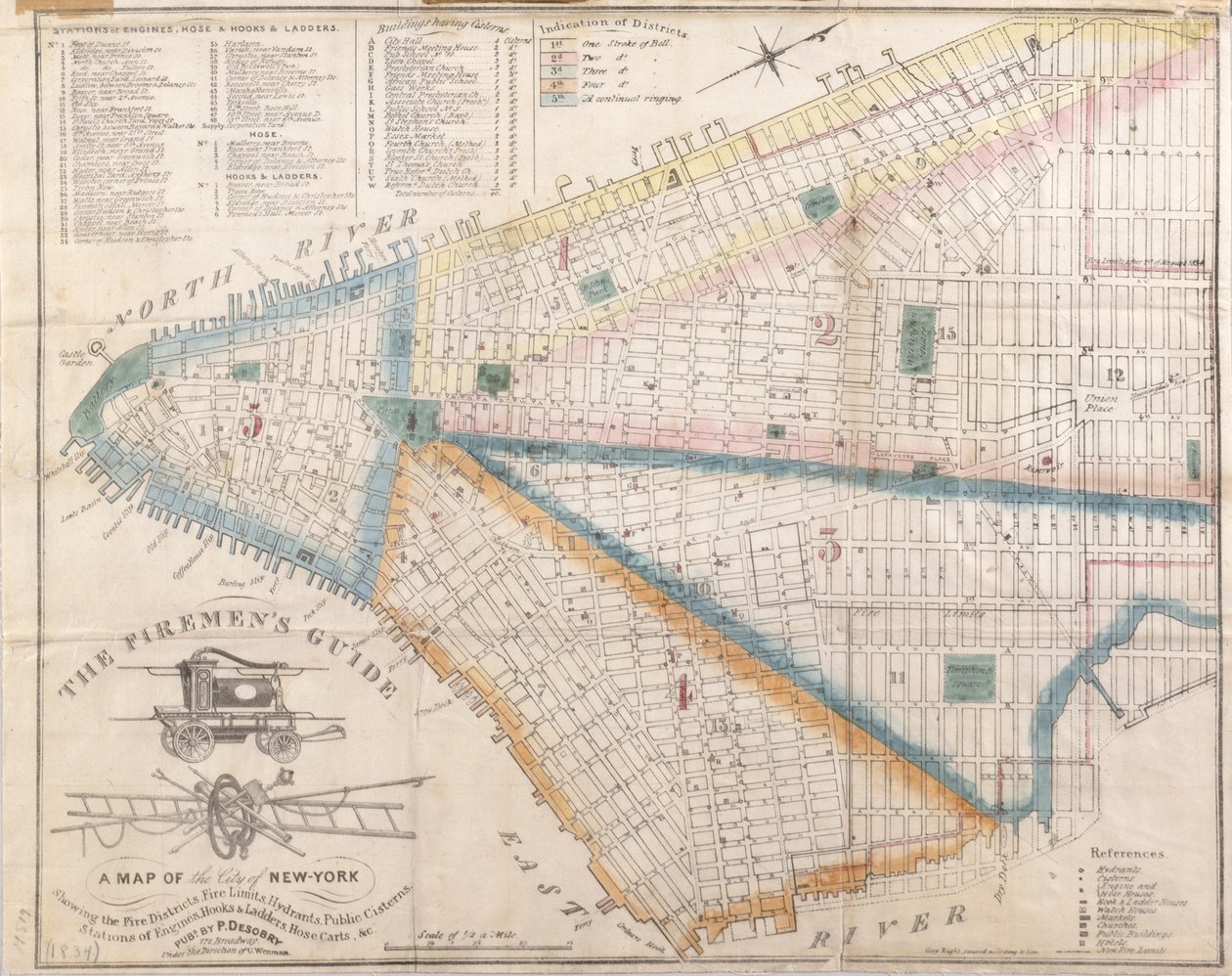 Firemans Guide - A Map of New York Showing Fire Districts, 1834 (černý inkoust s barevnými přísadami na papíře) od American School