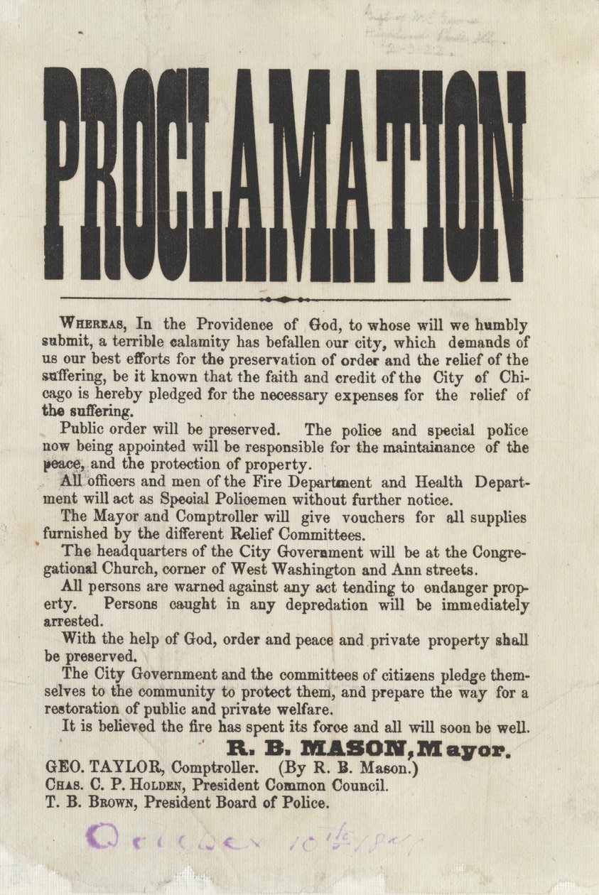 První prohlášení starosty Chicaga Roswella B. Masona týkající se požáru v Chicagu, 1871 (novinový tisk) od American School