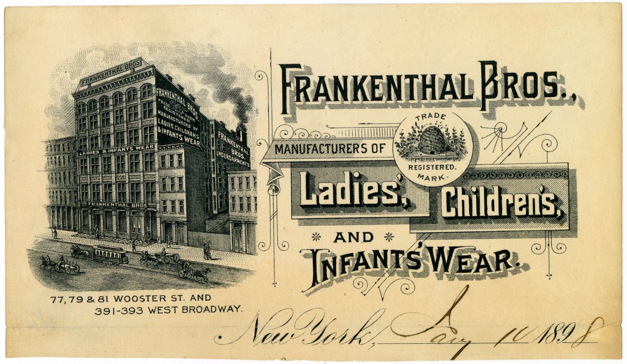 Frankenthal Bros., výrobce dámského, dětského a kojeneckého oblečení [obchodní karta], 1898 od American School
