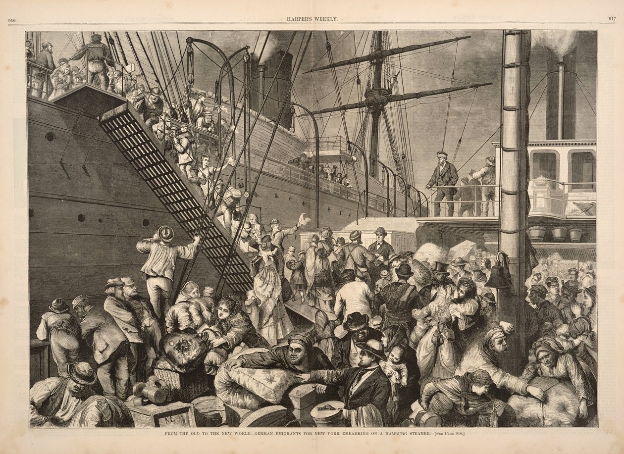 Ze Starého do Nového světa – Němečtí emigranti do New Yorku nalodění na hamburský parník, z Harpers Weekly, pub.1874 od American School