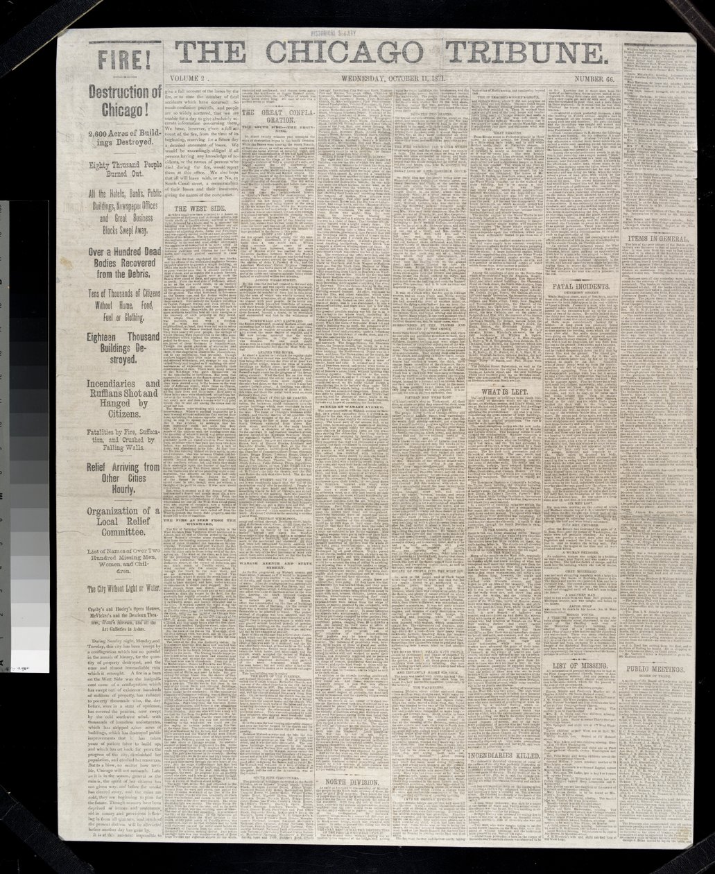 Přední strana Chicago Tribune o požáru v Chicagu v roce 1871, 1871 od American School