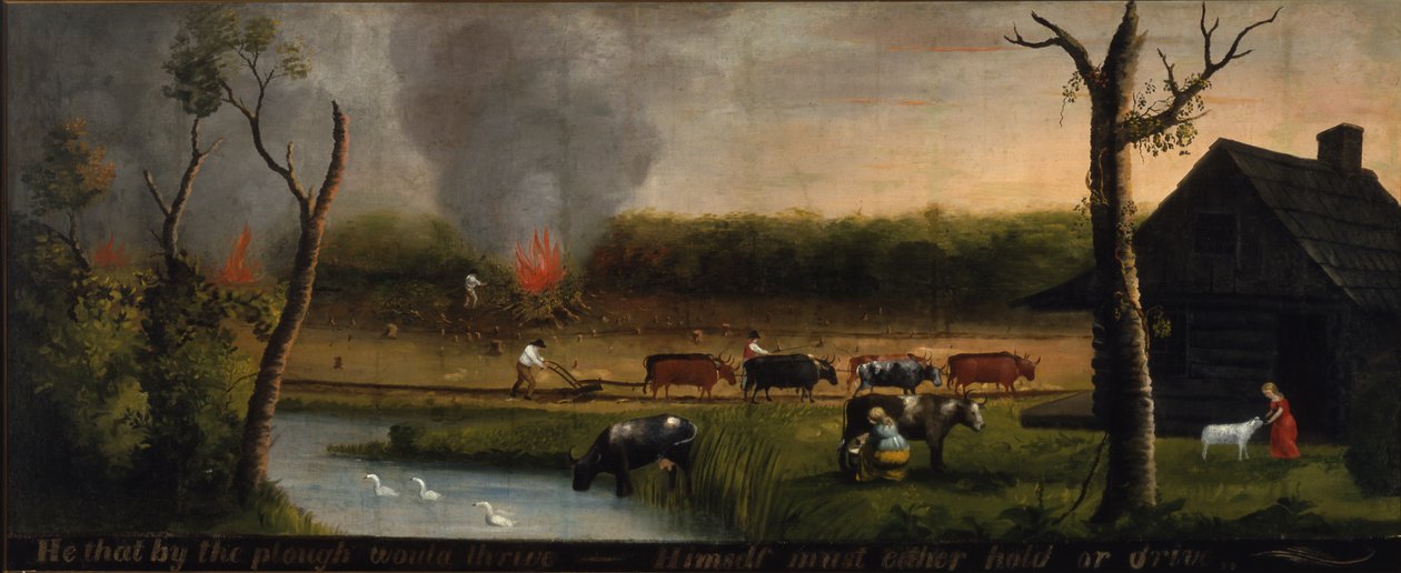 Ten, kdo by prospíval u pluhu? Sám musí buď držet, nebo řídit, kolem 1825-50 od American School