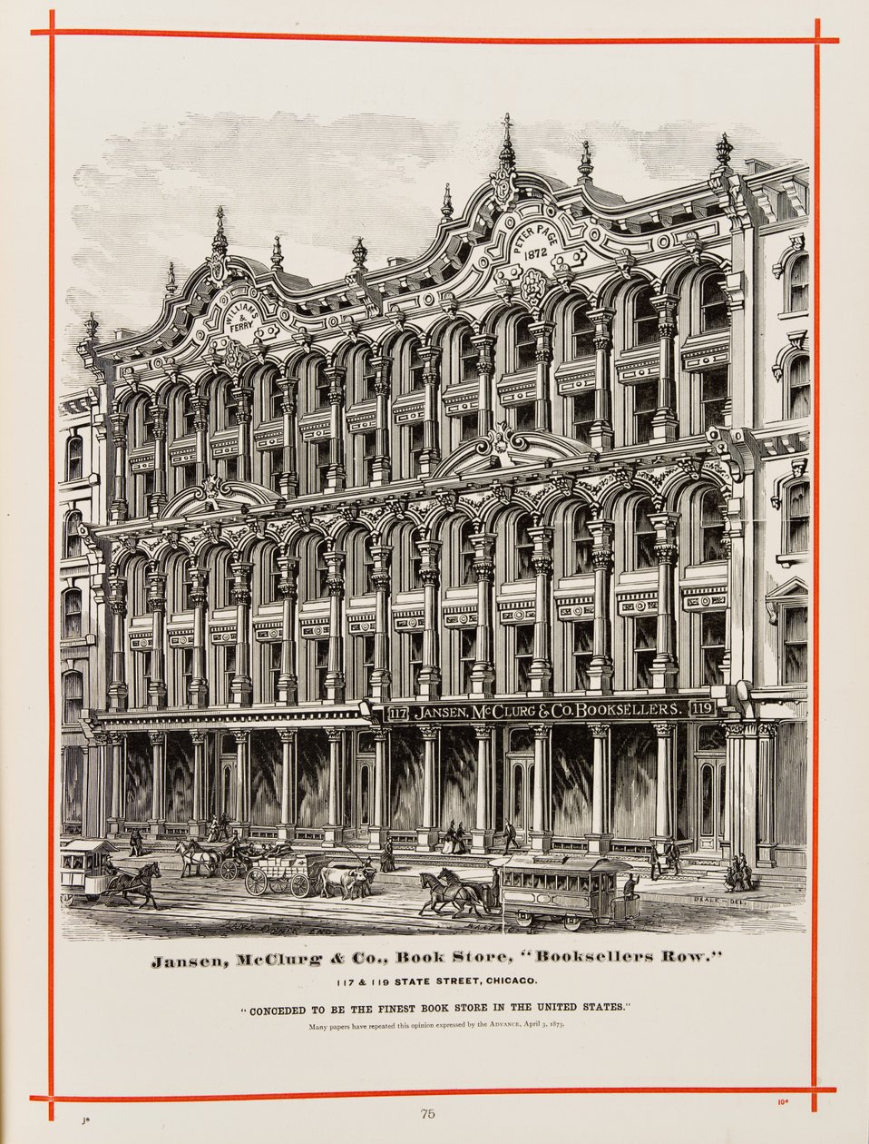 Knihkupectví Jansen, McClurg and Company na 117 a 119 State St., Chicago. Ilustrace v The Merchants and Manufacturers of Chicago Illustrated, 1873 od American School