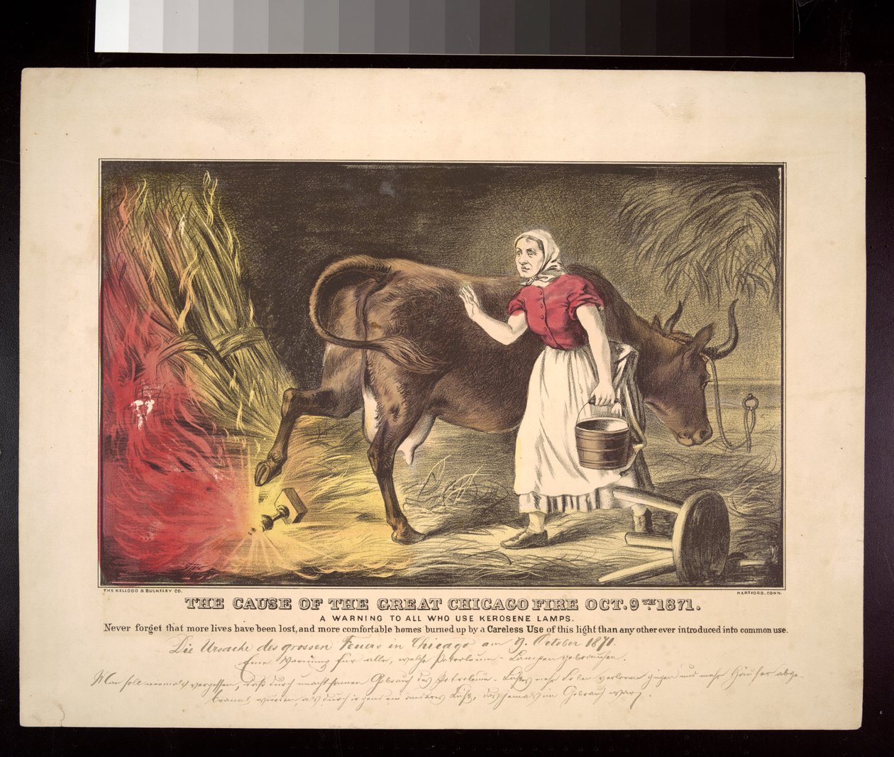Kate OLeary se svou krávou převracející lucernu, mýtický začátek chicagského požáru v roce 1871, kolem roku 1872 od American School