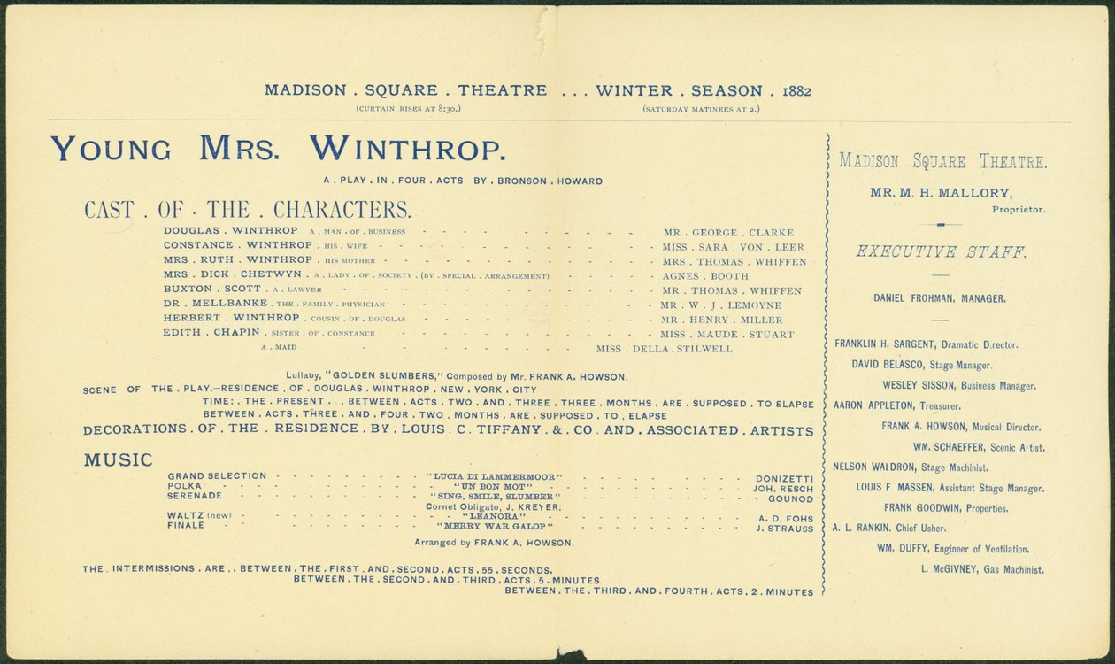 Madison Square Theatre, zimní sezóna 1882-83, program pro mladou paní Winthrop. [interiér], 1882 od American School