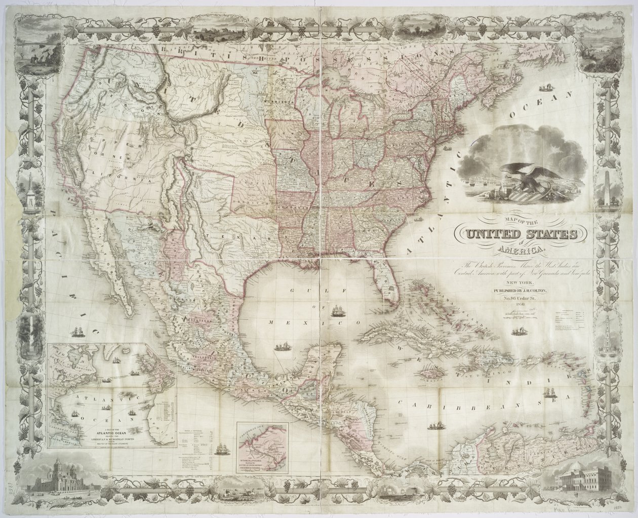 Mapa Spojených států amerických, britských provincií, Mexika, Západní Indie a Střední Ameriky, 1850 (ručně kolorovaný tisk) od American School