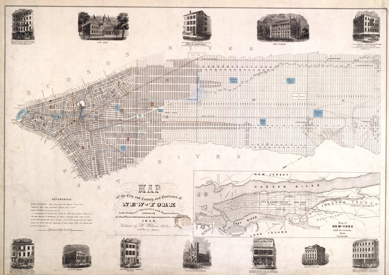Mapa města a okolí okresu New York s původními postavami a ilustracemi, 1850, 1850 (černý inkoust na papíře, podloženo látkou) od American School