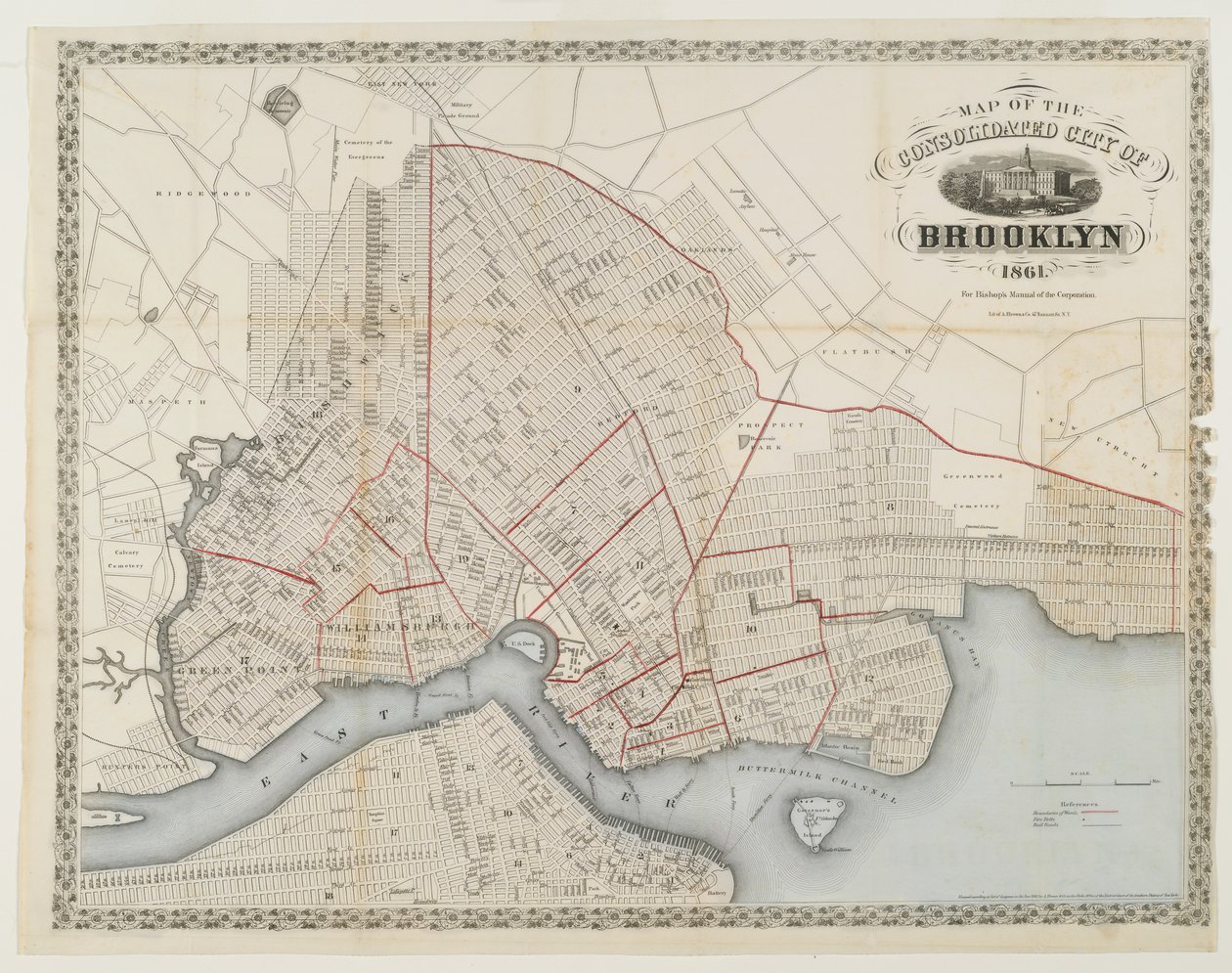 Mapa konsolidovaného města Brooklyn, 1861 (rytina s wc) od American School