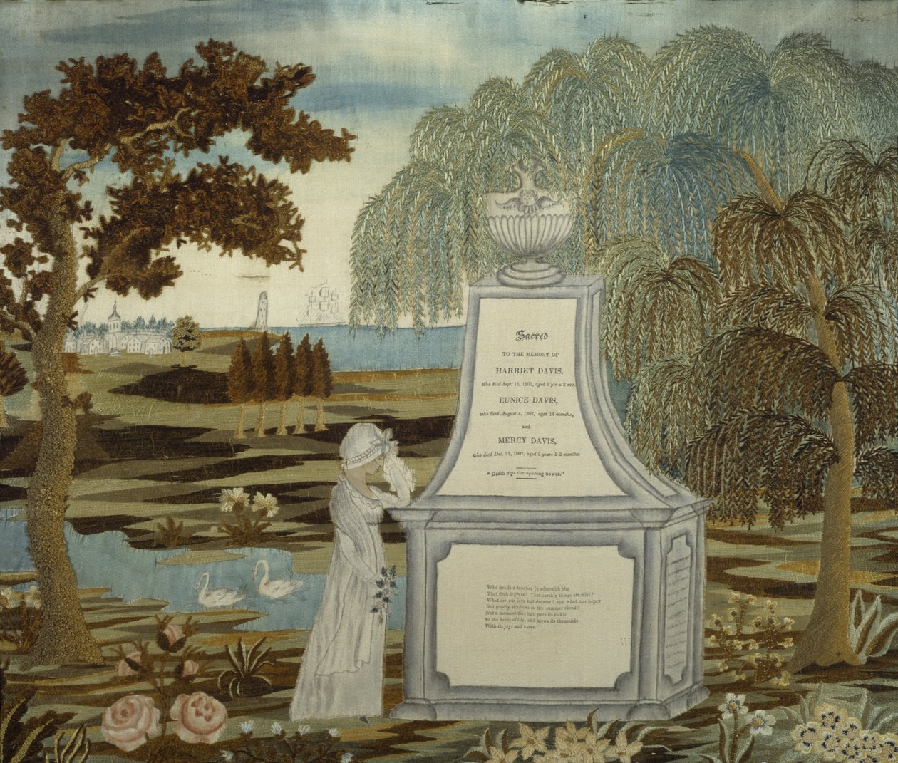 Pamětní vyšívaný obraz, datovaný 1807, zpracován 1820-1826 (hedvábí, inkoust, papír a akvarel) od American School
