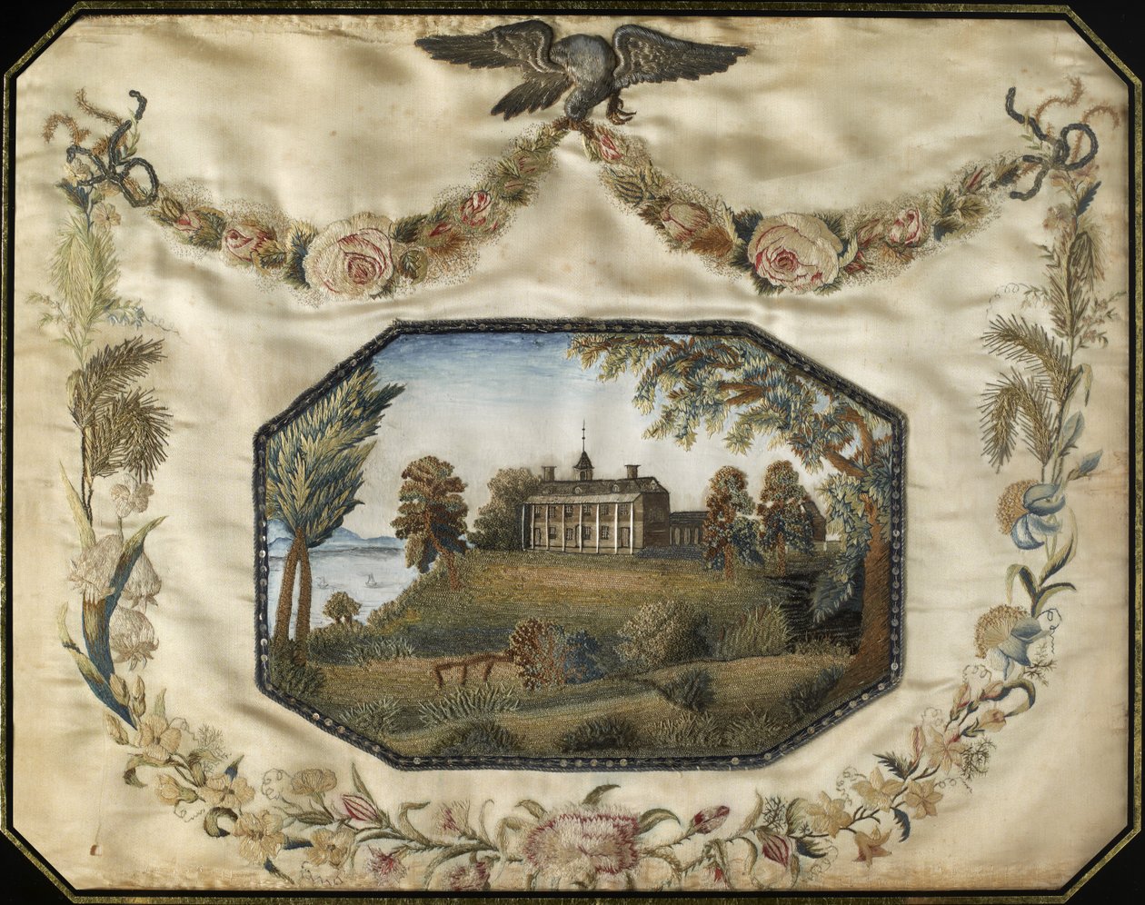 Mount Vernon ve Virginii Sídlo zesnulého Lieut. Generál George Washington, c. 1800-1805 (hedvábí, zlaté a stříbrné kovové nitě, s akvarelem a flitry) od American School