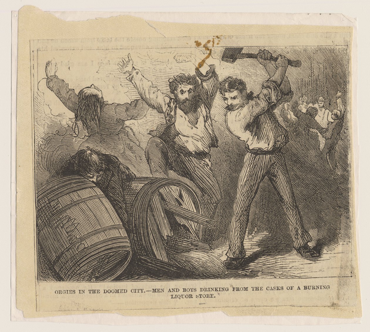 Orgie ve městě odsouzeném k zániku - Muži a chlapci pijící ze sudů hořícího obchodu s alkoholem, 1871 od American School