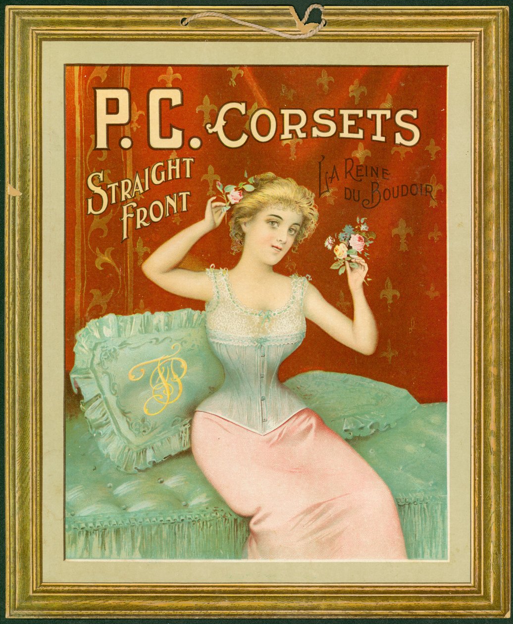 P.C. Korzety, rovný přední díl, La Reine Du Boudoir (barva litho na kartě s provázkem na zavěšení) od American School