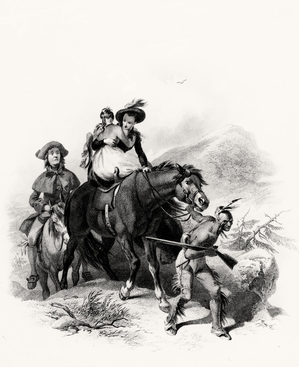 Posadil Alici na stejného koně s Corou, uchopil uzdu a zahájil cestu ponořením se hlouběji do lesa, ilustrace z Posledního Mohykána, James Fennimore Cooper, 1826. od American School