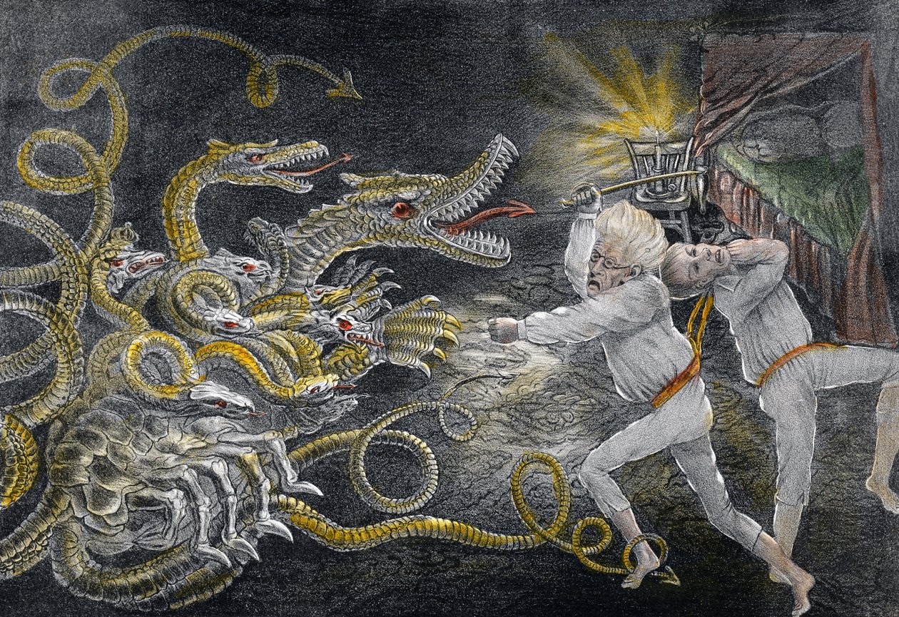 Politický donkichotství ukazující důsledky spánku v patentovaných magických brýlích, diplomatický Herkules, útočící na Politickou hydru, hospoda. 1833 (ručně kolorovaná rytina) od American School