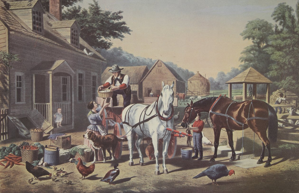 Příprava na trh, hospoda. 1856, Currier & Ives od American School