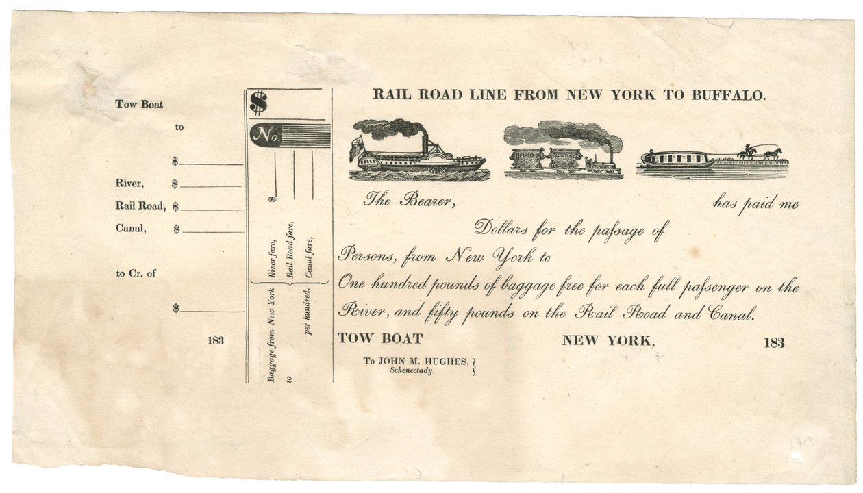 Rail Road Line z New Yorku do Buffala [Tow Boat Ticket], 30. léta 19. století (dřevorytina [lístek]) od American School