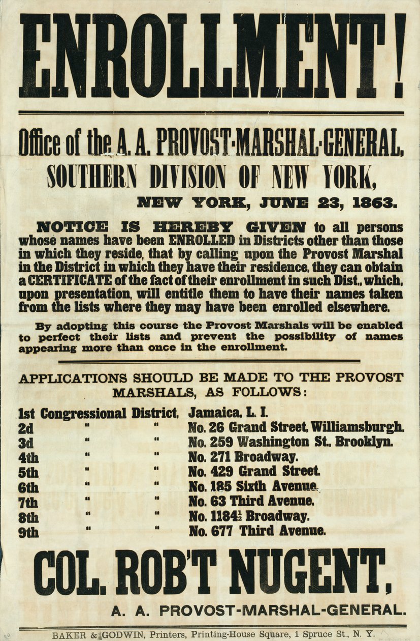 Náborový plakát pro jižní divizi New Yorku, 23. června 1863 od American School