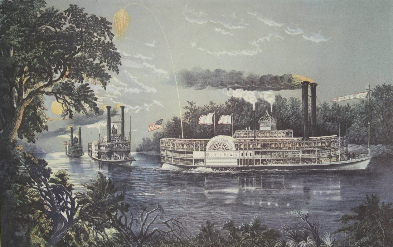 Rounding A Bend On The Mississippi, Steamboat Queen of the West, hospoda. 1866, Currier & Ives od American School
