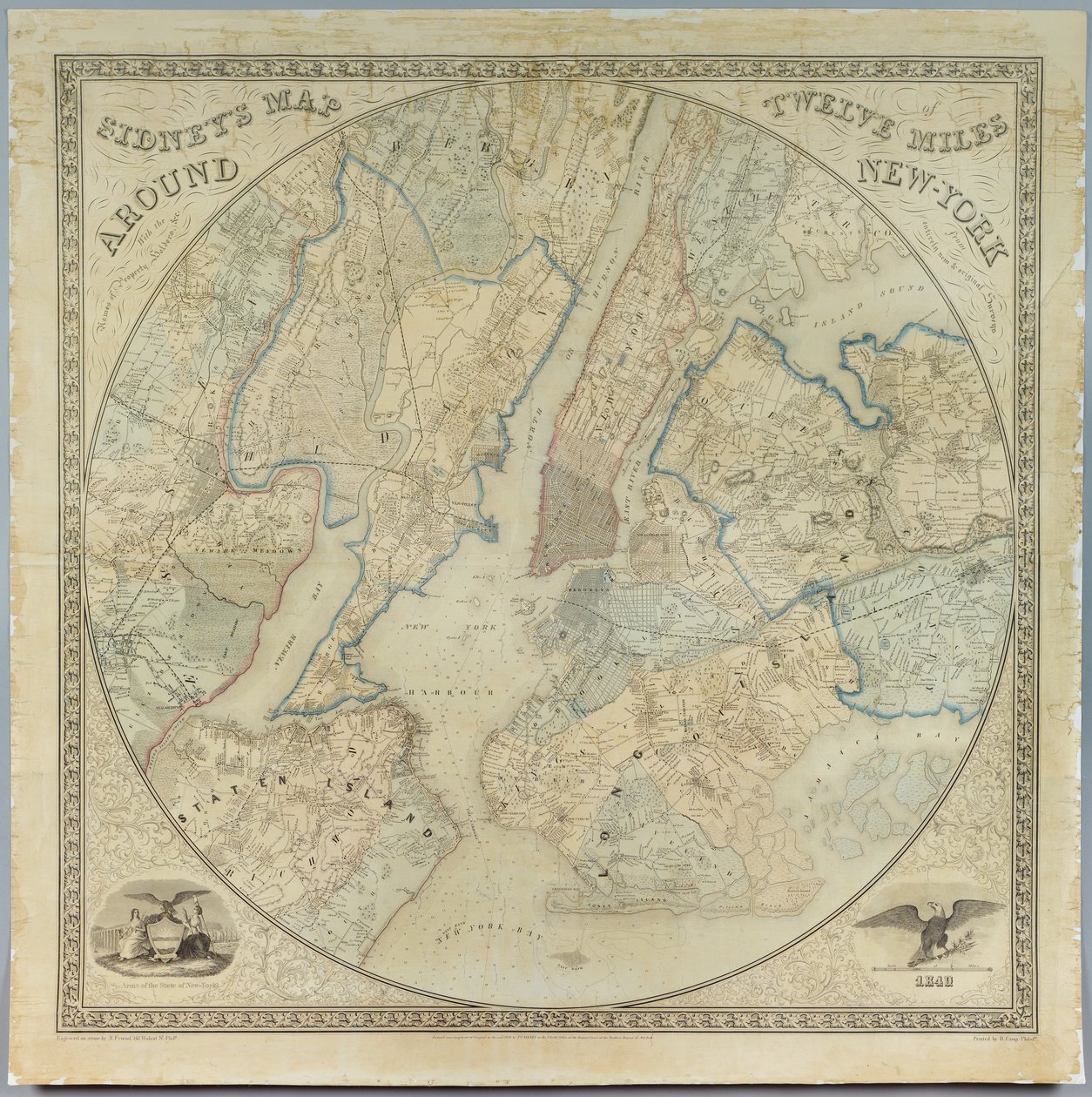 Sidneys Map Twelve Miles Around New York, litografie Normana Frienda (fl. 1850-1871), tisk John Henry Camp (1822-1881), 1849 (chromolitograf) od American School