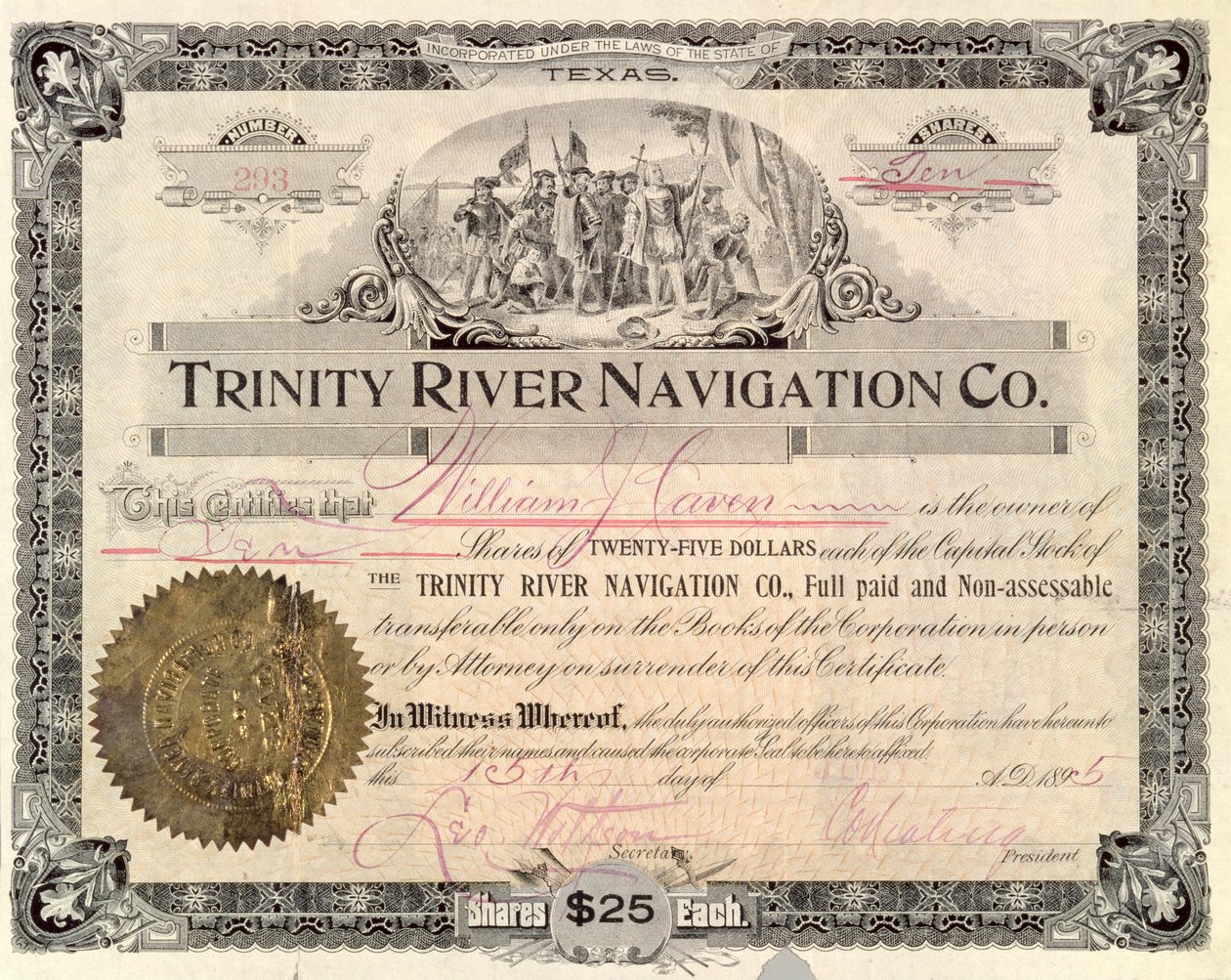 Akciový podíl společnosti Trinity River Navigation Co., 1895 od American School