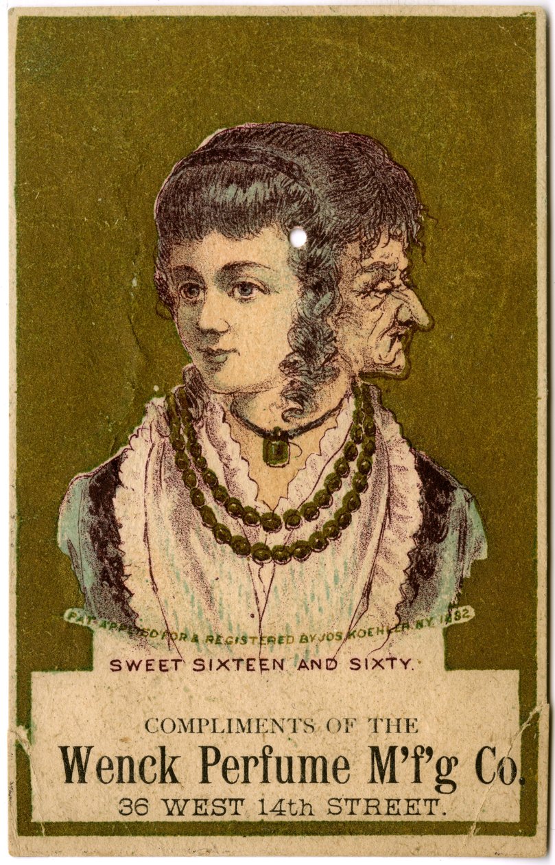 Sweet Sixteen and Sixty, Compliments of the Wenck Perfume Mfg Co., 36 West 14th Street., 1882 (barevné lito [obchodní karta] od American School