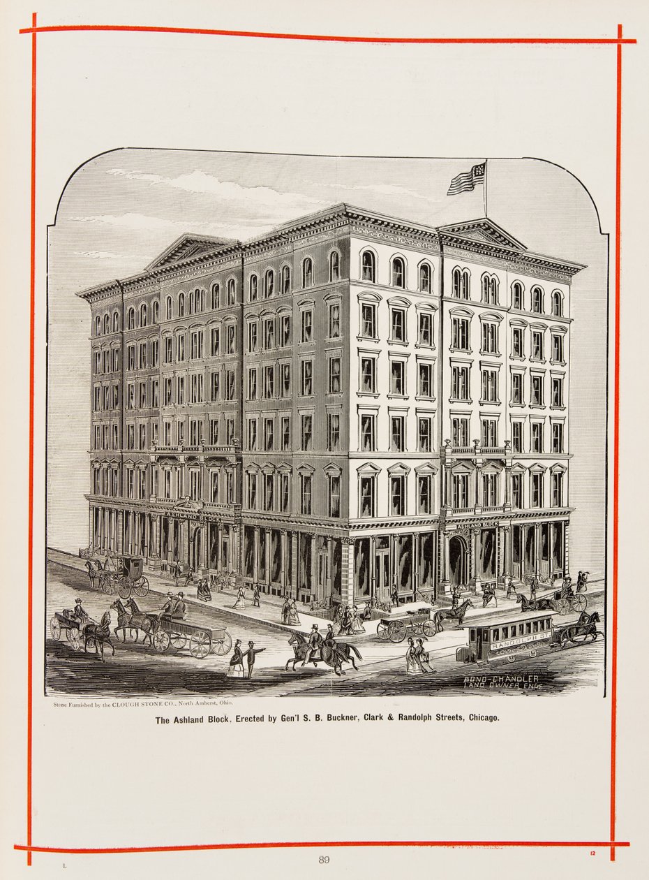 The Ashland Block v Clark and Randolph Streets, Chicago, ilustrace v The Merchants and Manufacturers of Chicago Illustrated, 1873 od American School