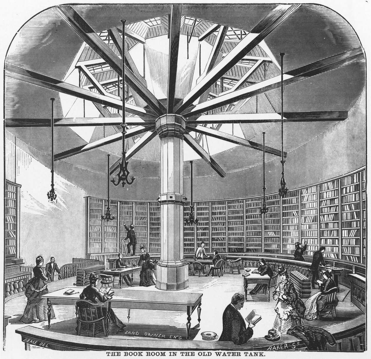 The Book Room in the Old Water Tank, od The Merchants and Manufacturers of Chicago, publikoval J.M. Wing & Co., 1873 od American School