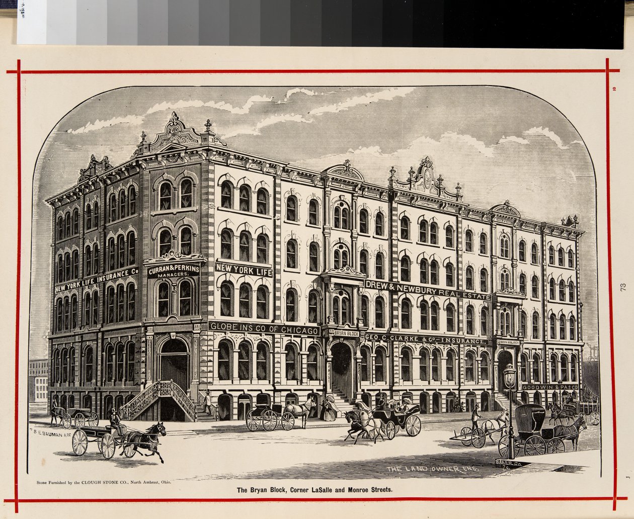 Bryan Block, roh ulic LaSalle a Monroe, Chicago, ilustrace v The Merchants and Manufacturers of Chicago Illustrated, 1873 od American School
