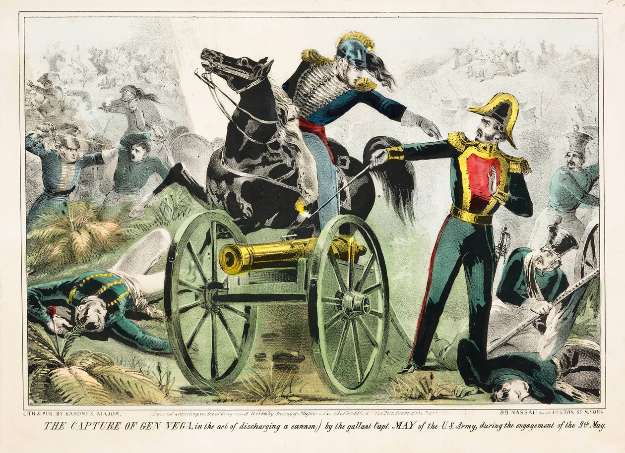 Zajetí generála Vegy při vystřelení děla galantním kapitánem Mayem z americké armády během střetnutí 9. května, pub. 1846 (ručně kolorované lito) od American School
