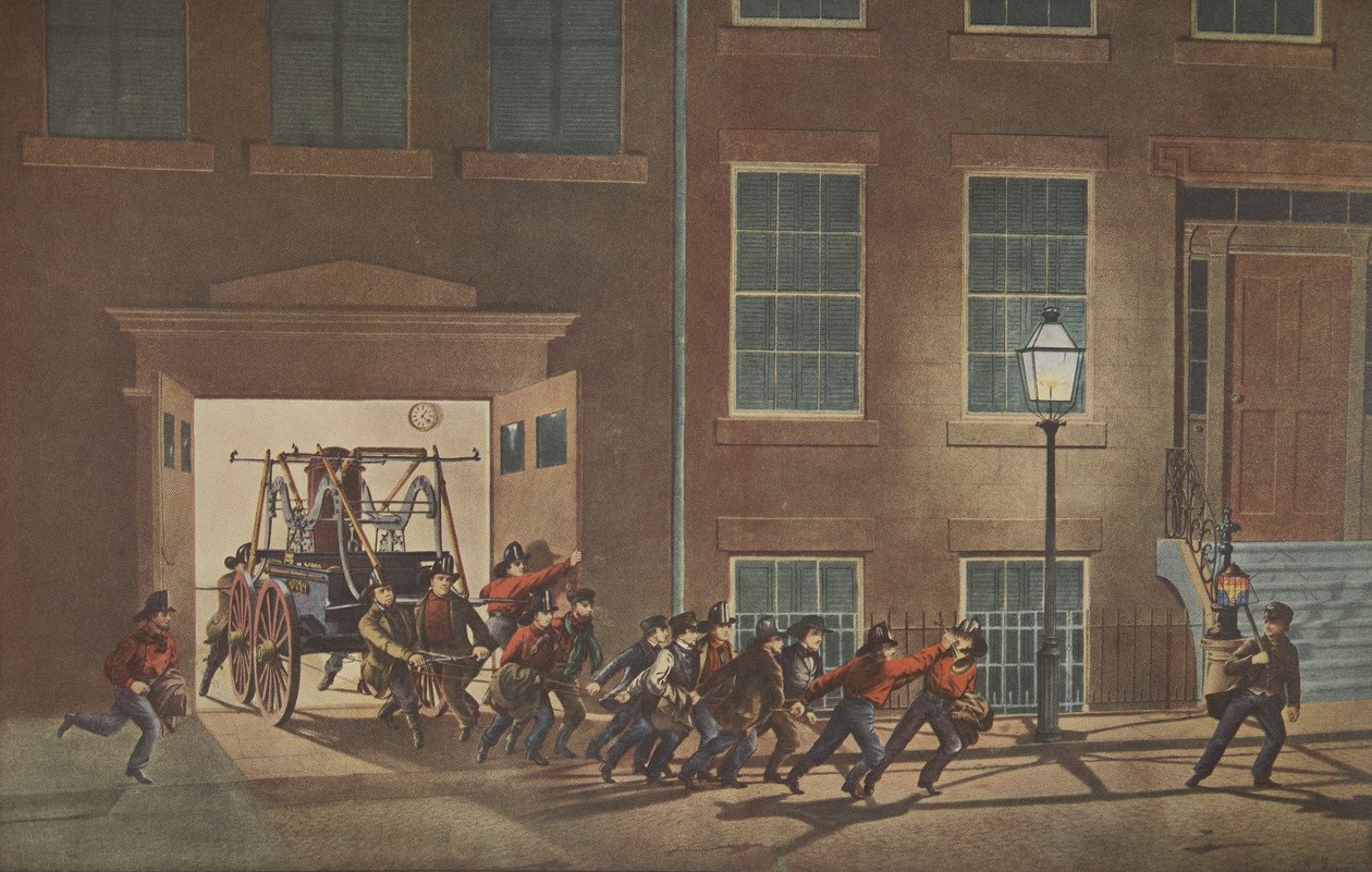 Život hasiče - Noční poplach, hospoda. 1854, Currier & Ives od American School