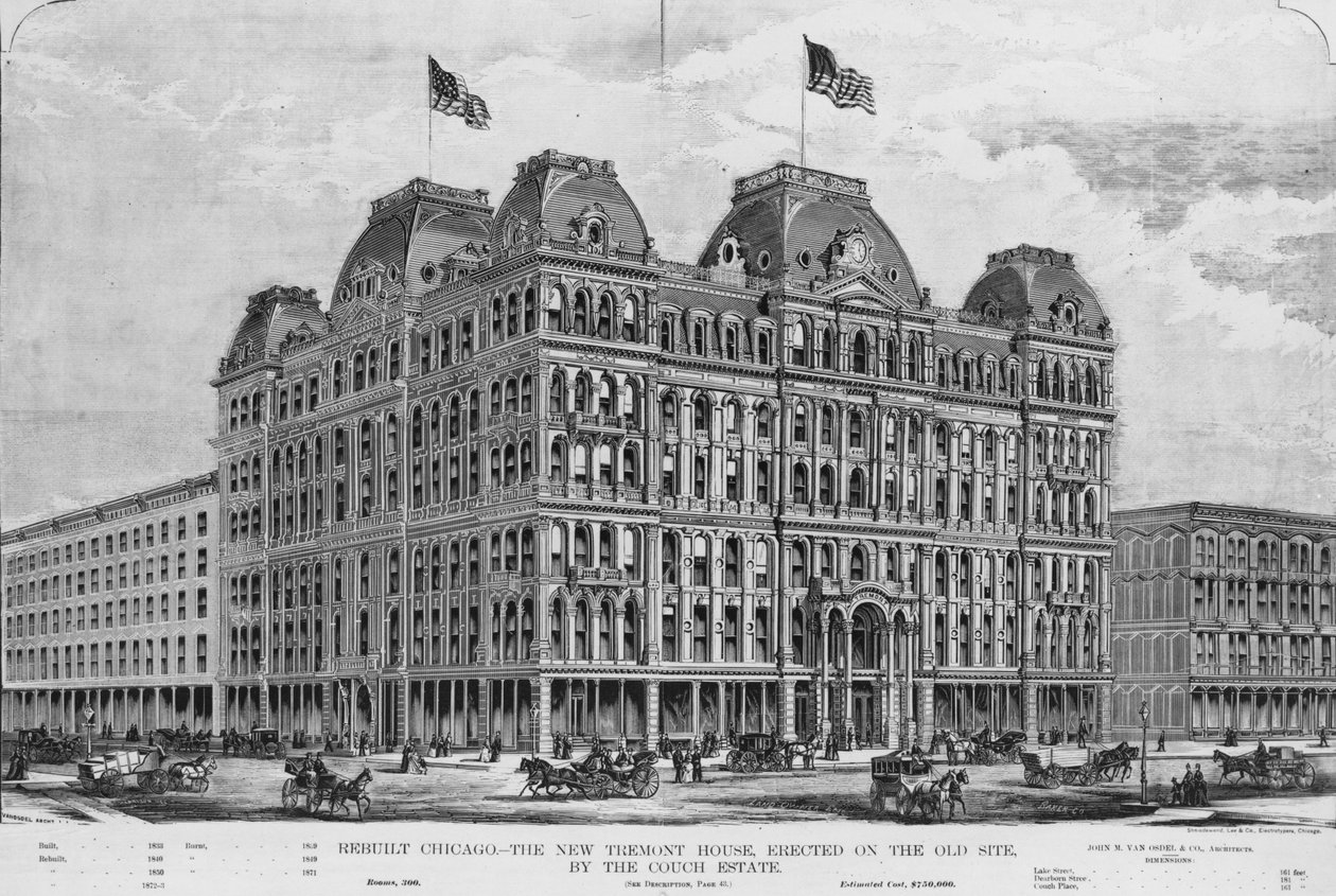 The New Tremont House, ilustrace od Land Owner, příloha z března 1873 od American School