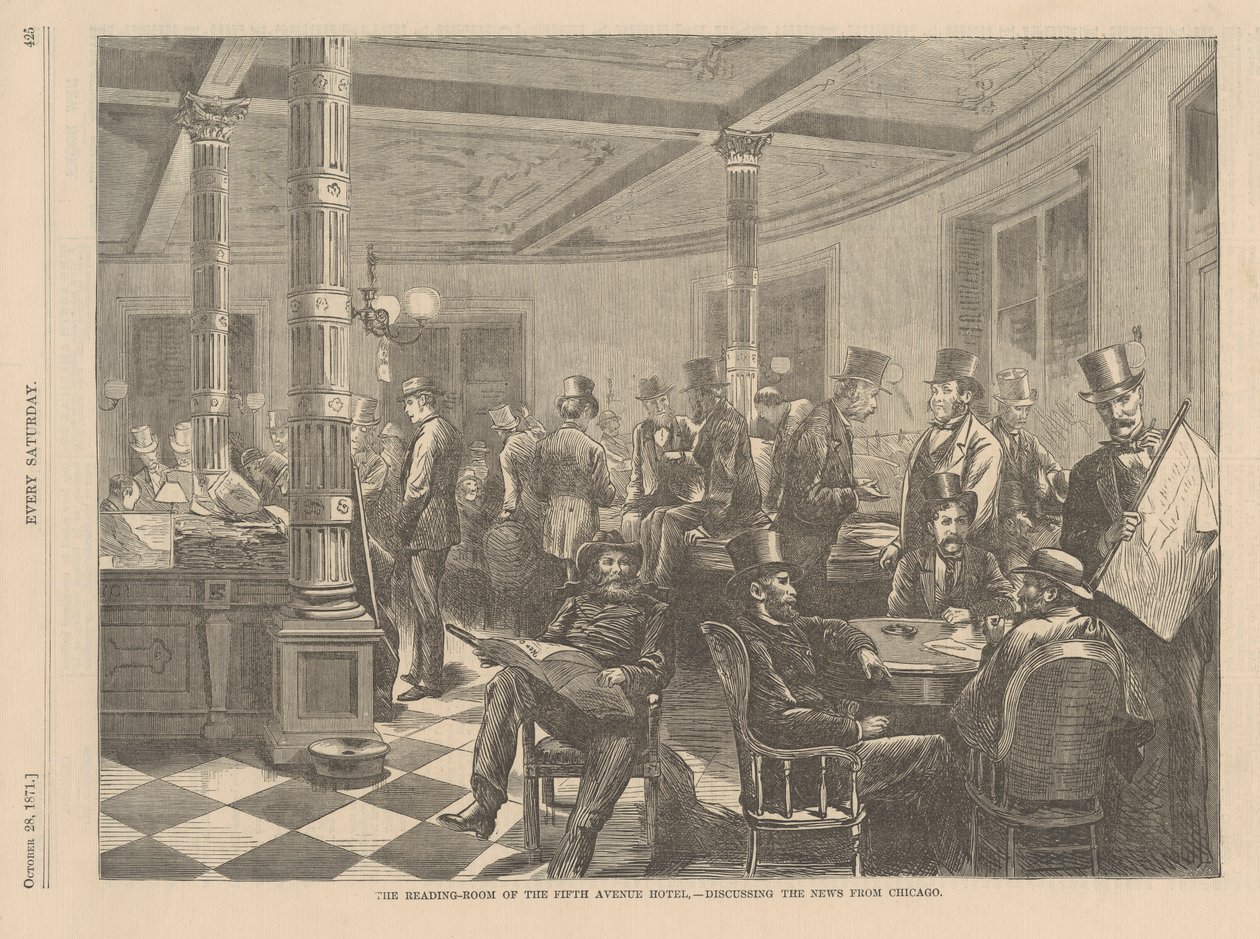 Čítárna hotelu Fifth Avenue v New Yorku - Probírání zpráv z Chicaga, ilustrace z Každou sobotu, 1871 od American School