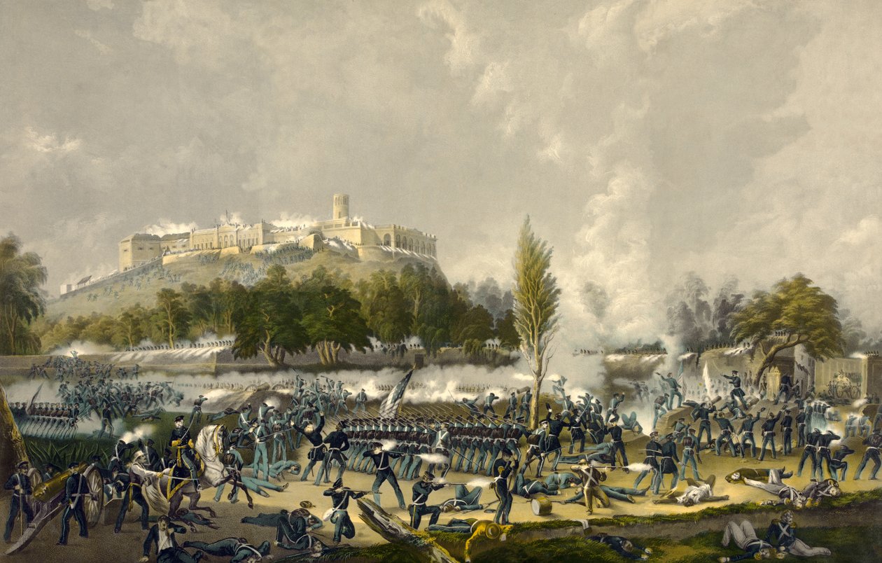 The Storming of Chapultepec, 13. září 1847, nakl. 1848 (barevné lito) od American School