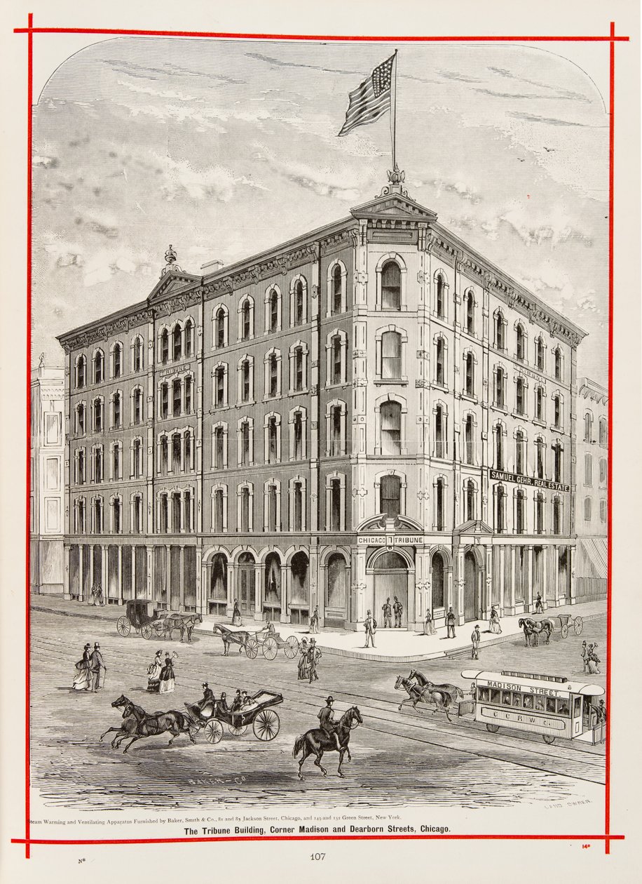 The Tribune Building na rohu Madison a Dearborn Streets, Chicago, ilustrace v The Merchants and Manufacturers of Chicago Illustrated, 1873 od American School