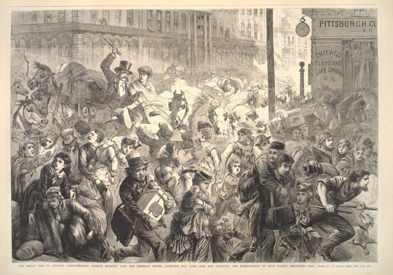 Velký požár v Chicagu: panikařící občané spěchající kolem Sherman House, ilustrace z Frank Leslies Illustrated Newspaper, 1871 od American School