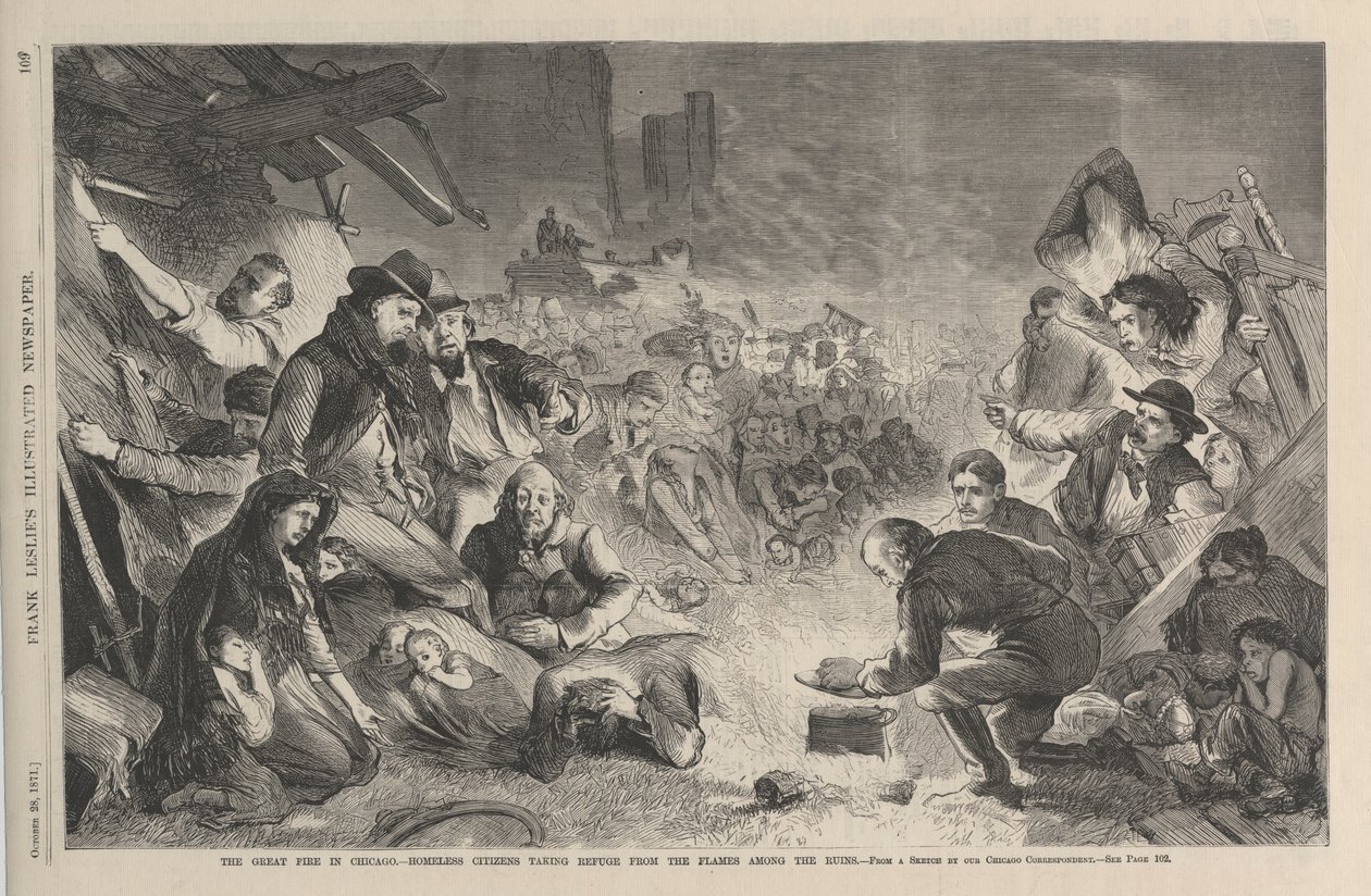 Velký požár v Chicagu – bezdomovci se uchýlili před plameny mezi ruiny, ilustrace z Frank Leslies Illustrated Newspaper, 1871 od American School