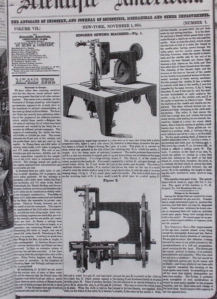 Původní model šicího stroje od Isaaca Merrita Singera (1811-75) z The Scientific American, 1. listopadu 1851 od American School