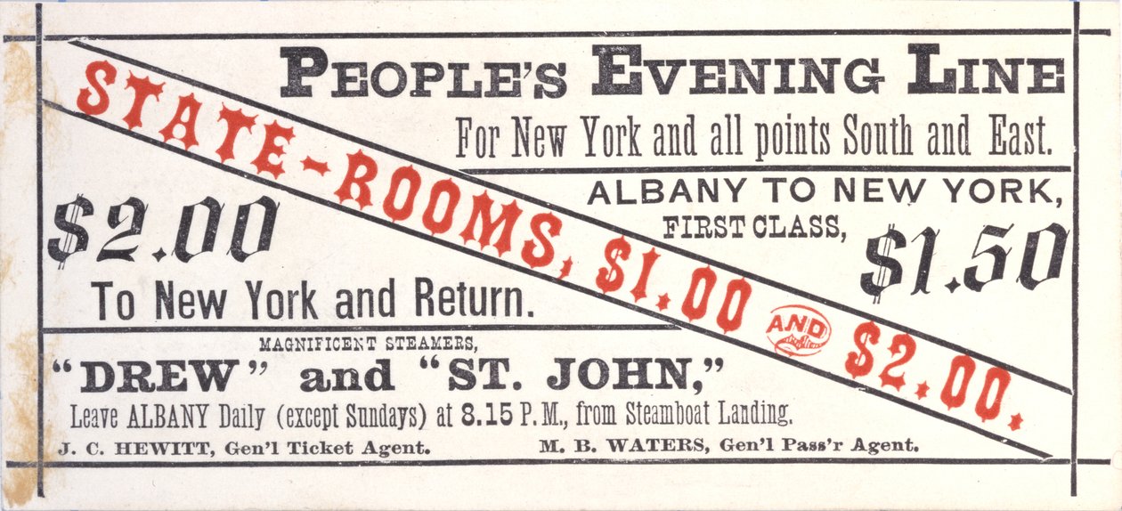 Vstupenka na Peoples Evening Line, Albany do New Yorku, recto (rytina [lístek]) od American School