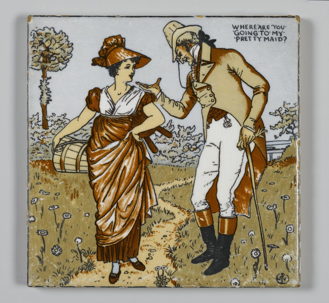 Dlaždice vyrobená firmou Walter T. Crane Wheeling Pottery Company, Wheeling, Západní Virginie, kolem roku 1890 (přenosově potištěná polychromovaná, glazovaná kamenina) od American School