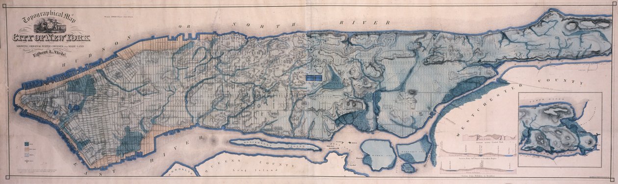 Topografická mapa New Yorku, znázorňující vodní toky a pevninu, 1865, 1865 (černý inkoust, s barevným praním, na papíře podloženém látkou) od American School