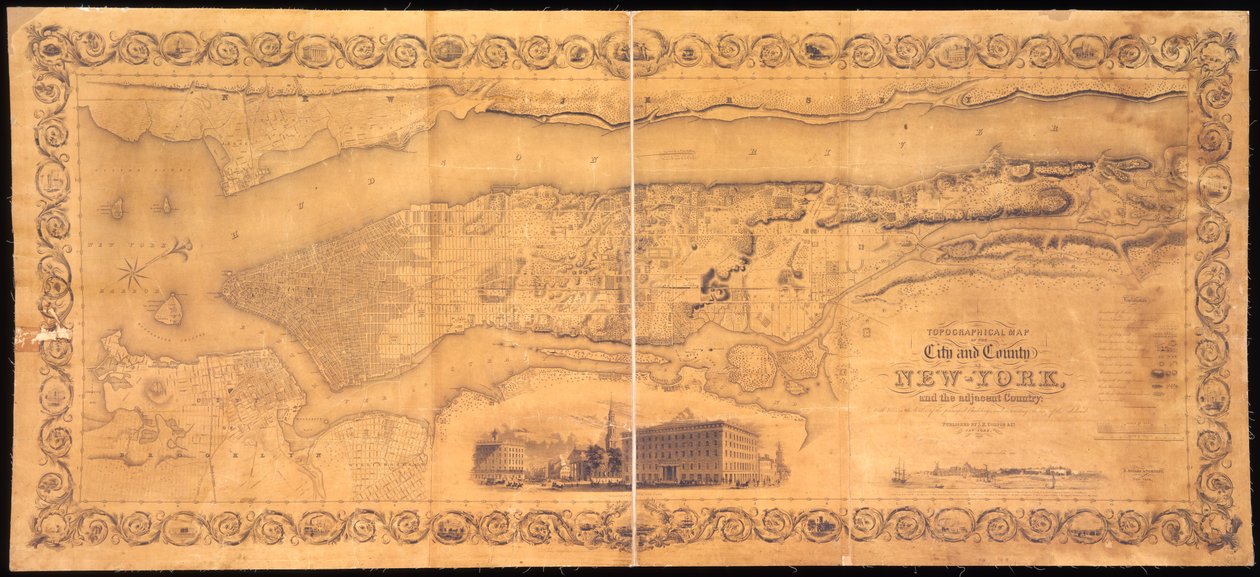 Topografická mapa města a hrabství New-York a přilehlé země: s pohledy na hranici hlavních budov a zajímavou scenérií ostrova vyryla a vytiskla S. od American School