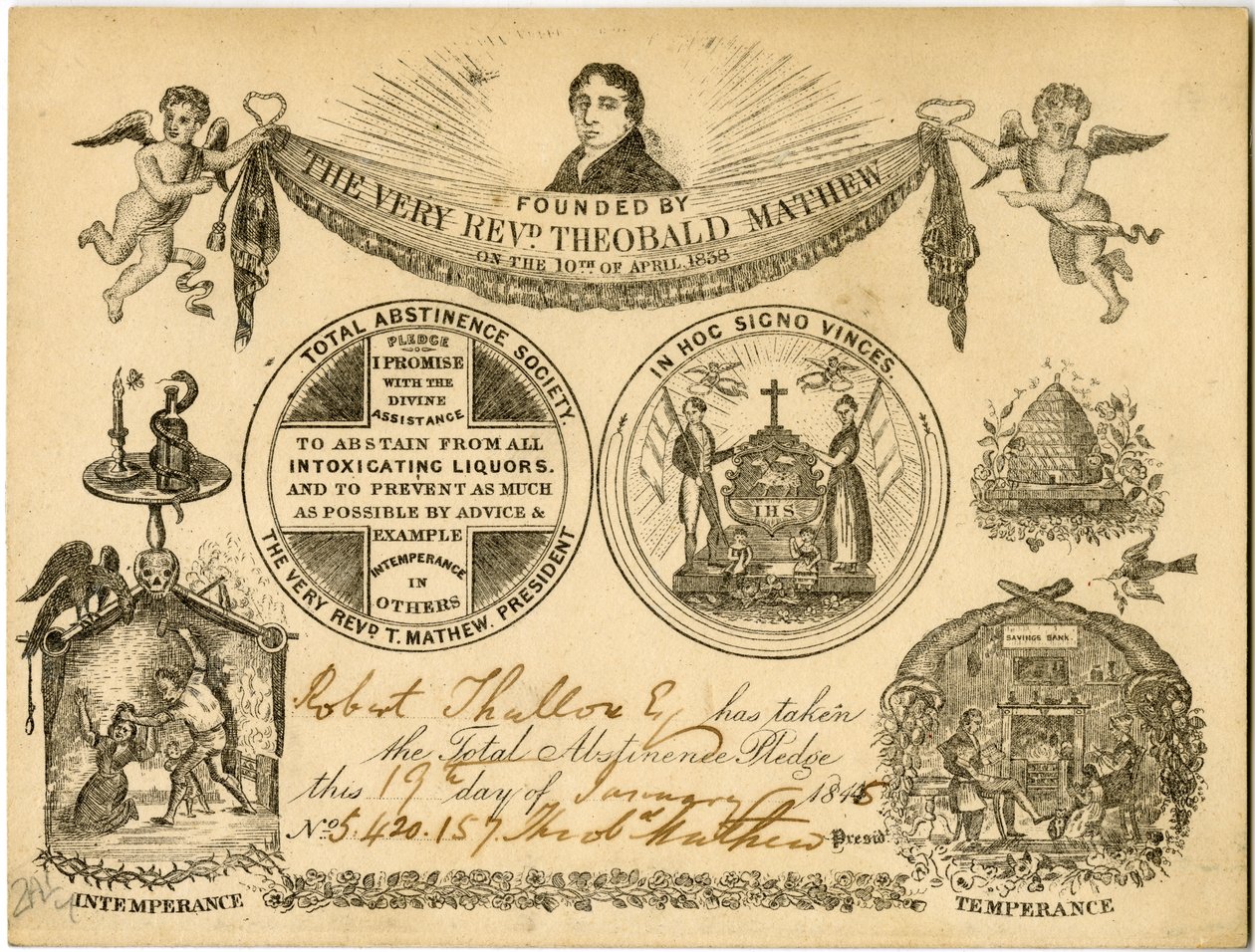 Total Abstinence Society Karta slibu úplné abstinence pro Roberta Thallowa, 1845 od American School