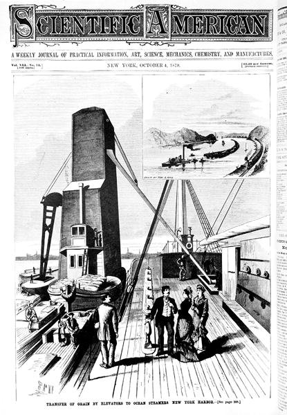 Převoz obilí výtahy na oceánské parníky, ilustrace na obálce New York Harbor z Scientific American, 4. října 1879 od American School